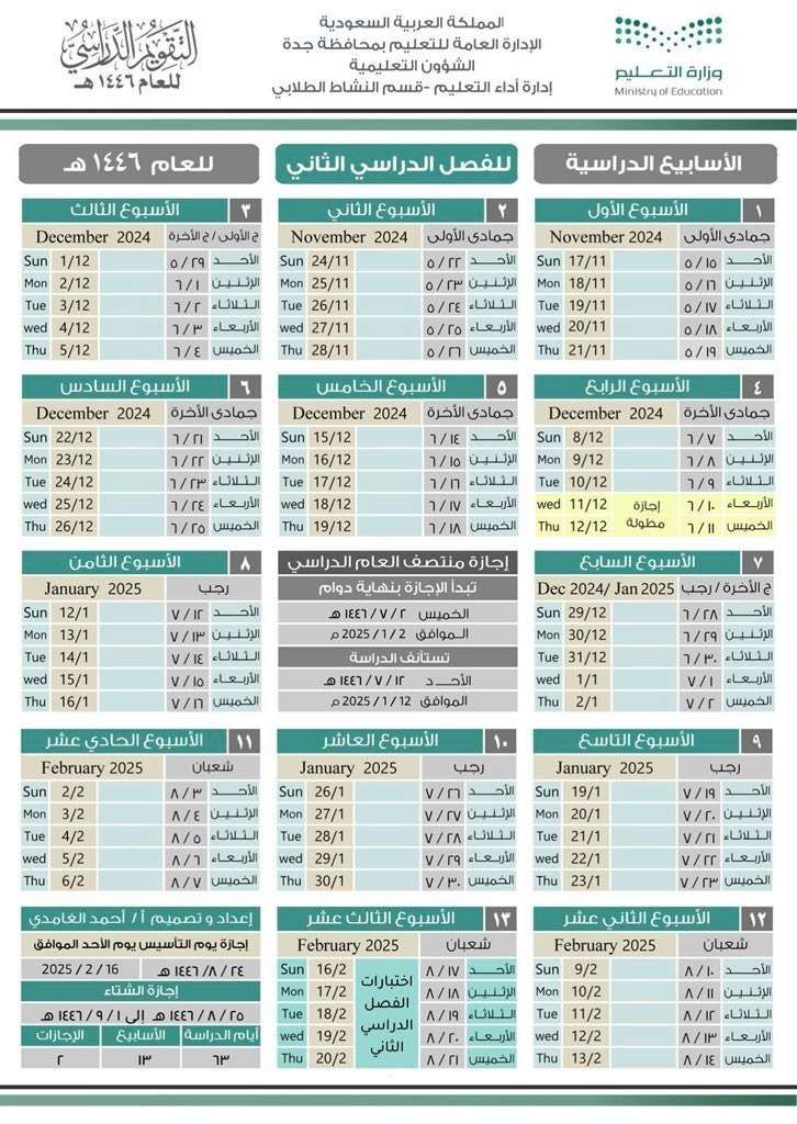 تفاصيل التقويم الدراسي للطلاب والإجازات