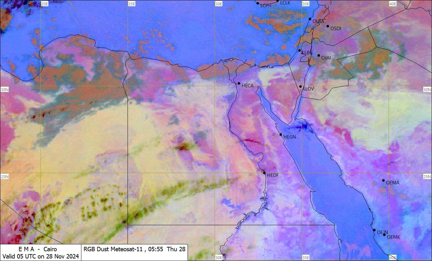 قد تكون صورة ‏‏خريطة‏ و‏تحتوي على النص '‏‎20E 25E 30E HPALCLK 35E 4GE OSDI OJAI PHECA HECA LLOV 25N HEGN HEDF 25N OEMA E MA Cairo RGB RGBDustMeteosat-11,05:55 Dust Meteosat-11 05:55 Thu 28 Valid UTC on 28 Nov 2024 OEPyOEMK OEN OEMK‎‏'‏‏