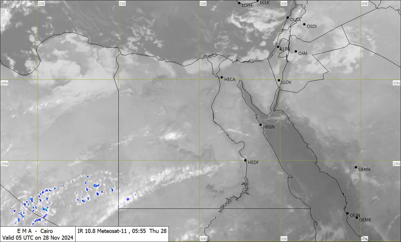 قد تكون صورة ‏‏خريطة‏ و‏تحتوي على النص '‏‎20E 25E 30E LCLK 35E OLBA 3ON OSDI OJAI HECA LLOV 25N HEDF 25N OEMA E EMA Cairo IR 10.8 Meteosat-11 05:55 Thu R10.8Meteoceat-1,0555Thu 28 Valid 05 TC on 28 28 Nov 2024 30E‎‏'‏‏