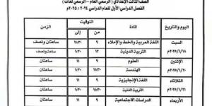 جدول
      امتحانات
      الفصل
      الدراسي
      الأول
      للشهادة
      الإعدادية
      في
      كفر
      الشيخ - ستاد العرب