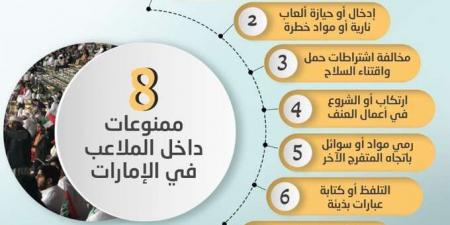 بالإنفوجراف.. قائمة الممنوعات علي الجماهير في ملاعب الإمارات "لاتفعل أي منهم حتي لا تقع تحت المساءلة القانونية" - ستاد العرب