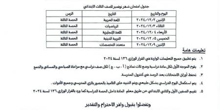 ننشر الجداول النهائية لامتحانات شهر نوفمبر 2024 المرحلة الابتدائية - ستاد العرب