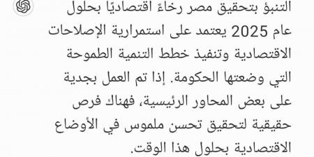 رخاء اقتصادي، توقعات «شات جي بي تي» لمصر بالسنة الجديدة 2025 - ستاد العرب