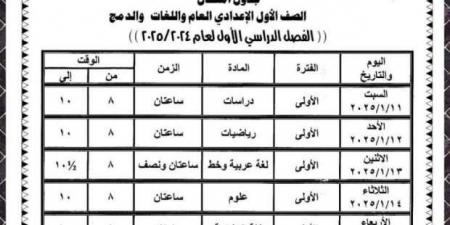 جدول
      امتحانات
      الترم
      الأول
      2025
      للصفوف
      الإعدادية
      في
      الوادي
      الجديد - ستاد العرب