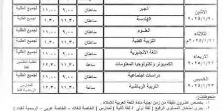 جدول
      امتحانات
      الترم
      الأول
      2025
      للشهادة
      الإعدادية
      عام
      ومهني
      في
      أسيوط - ستاد العرب