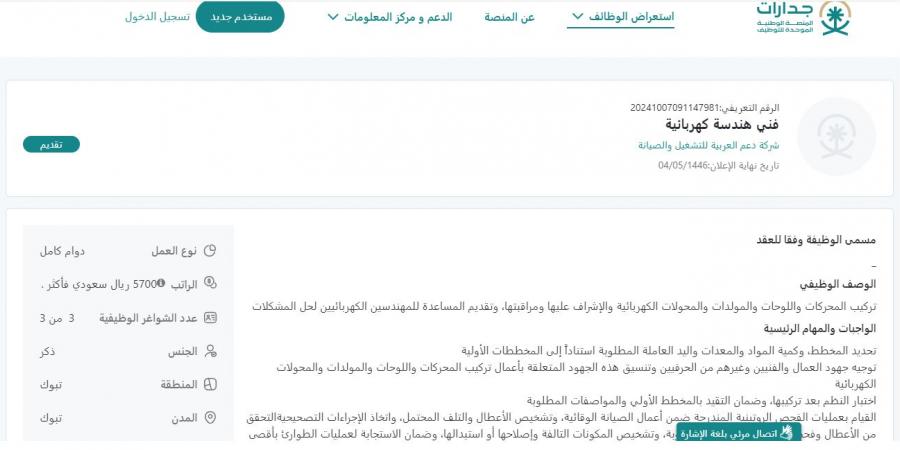 بـ رواتب أكثر من 5700 ريال.. شركة دعم العربية للتشغيل والصيانة تعلن عن وظائف شاغرة في تبوك "رابط التقديم الرسمي من هنا" - ستاد العرب