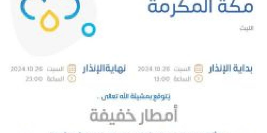 عاجل .. الإنذار الأصفر في منطقة مكة المكرمة في هذا التوقيت من المركز الوطني للأرصاد - ستاد العرب