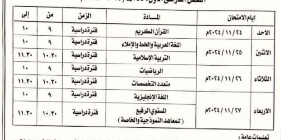 جدول
      امتحانات
      شهري
      أكتوبر
      ونوفمبر
      للصف
      الثالث
      الابتدائي
      الأزهري
      بكفر
      الشيخ - ستاد العرب