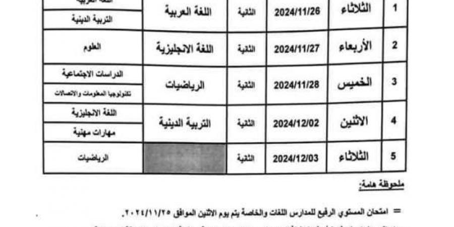 جدول
      وموعد
      امتحانات
      المرحلة
      الابتدائية
      لشهر
      نوفمبر
      2024
      بالإسكندرية - ستاد العرب