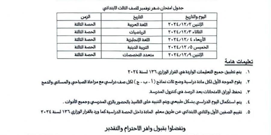 ننشر الجداول النهائية لامتحانات شهر نوفمبر 2024 المرحلة الابتدائية - ستاد العرب