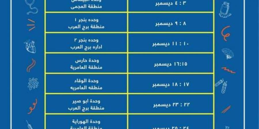 أماكن
      ومواعيد
      القوافل
      الطبية
      المجانية
      في
      الإسكندرية
      خلال
      ديسمبر
      2024 - ستاد العرب