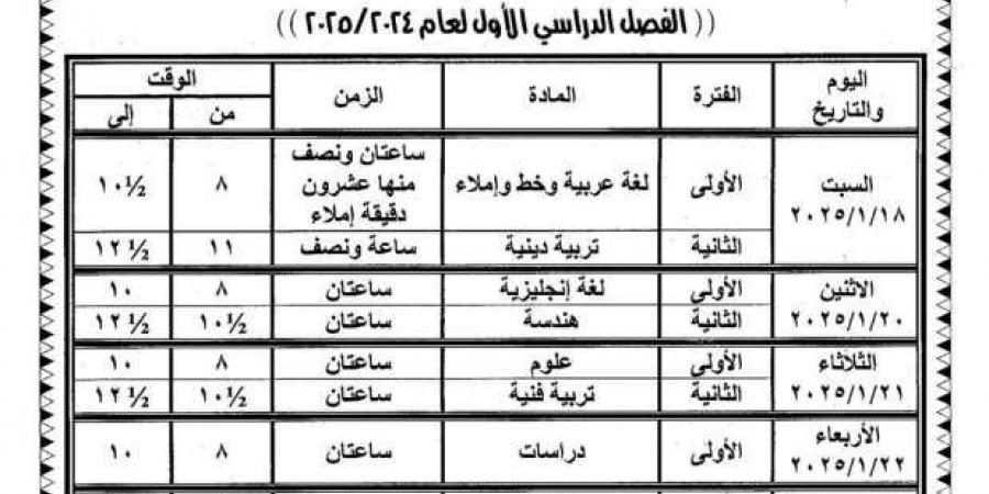 جدول
      امتحانات
      الترم
      الأول
      2025
      للشهادة
      الإعدادية
      في
      الوادي
      الجديد - ستاد العرب