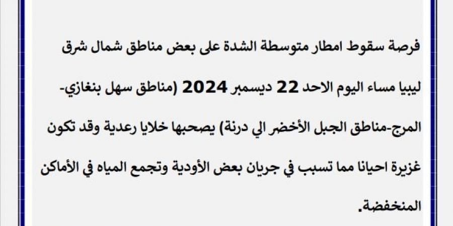 تنبيه
      جوي:
      أمطار
      غزيرة
      محتملة
      في
      شمال
      شرق
      ليبيا
      اليوم - ستاد العرب