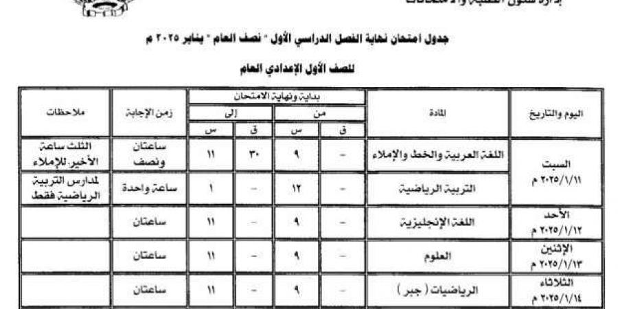 جداول
      امتحانات
      الصفين
      الأول
      والثاني
      الإعدادي
      بالمنوفية - ستاد العرب