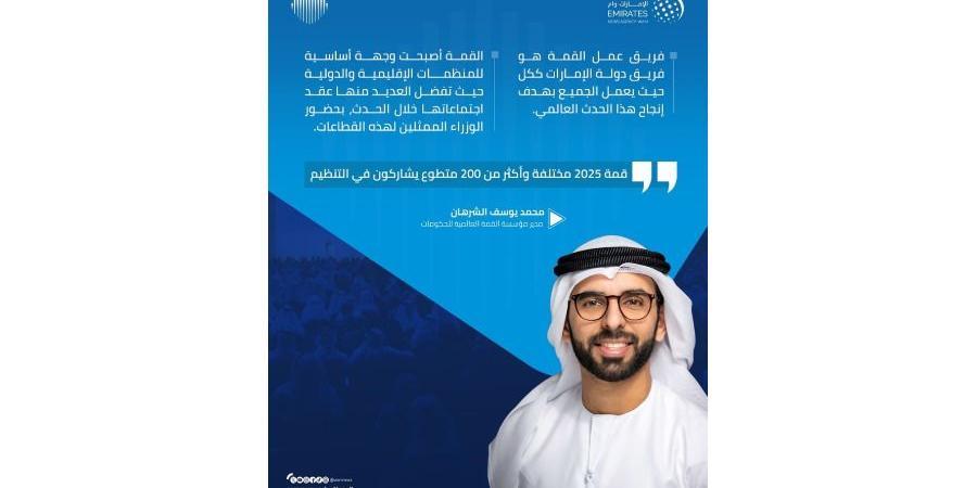 محمد
      الشرهان:
      200
      متطوع
      يشاركون
      بتنظيم
      القمة
      العالمية
      للحكومات
      2025 - ستاد العرب