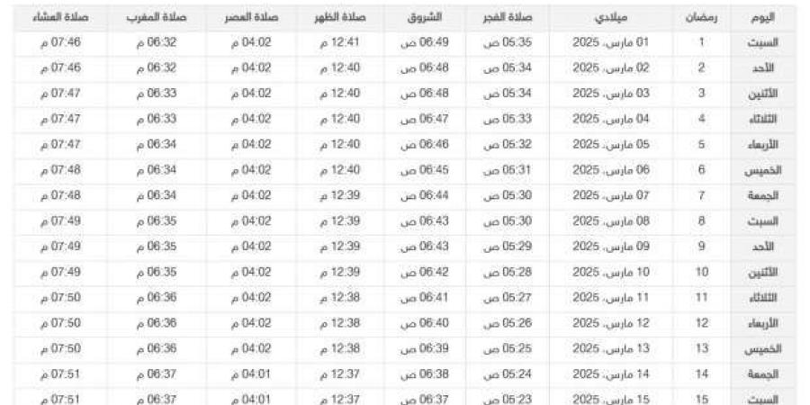 تفاصيل
      إمساكية
      رمضان
      2025
      السعودية..
      مواعيد
      أذان
      الصلوات
      الخمسة - ستاد العرب